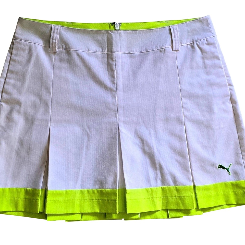 Puma‎ Women's Size 8 Golf Skort  Pleated Back-Zip White Neon Yellow Green